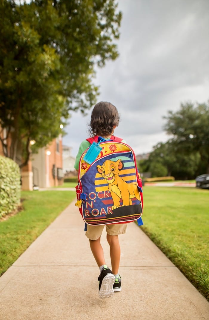 Young boy with colorful backpack on sidewalk, surrounded by green trees, heading to school.
