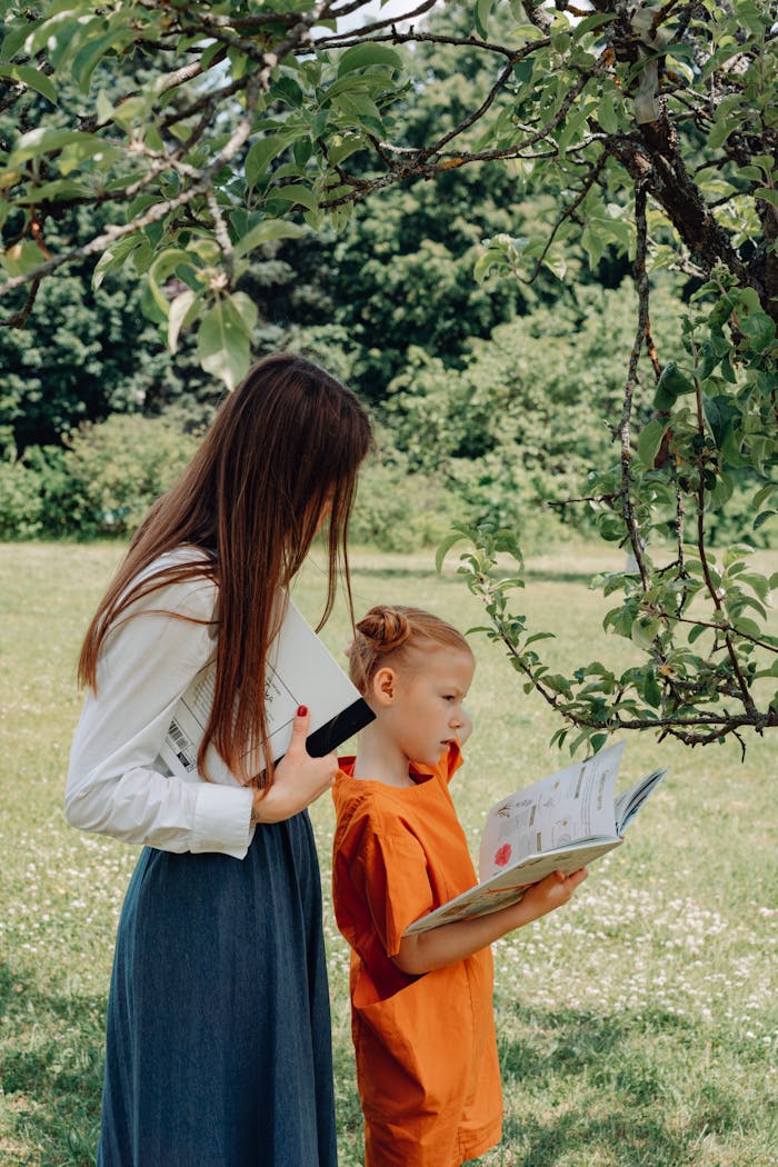 A woman and girl reading a book under a tree in a park on a sunny day.
